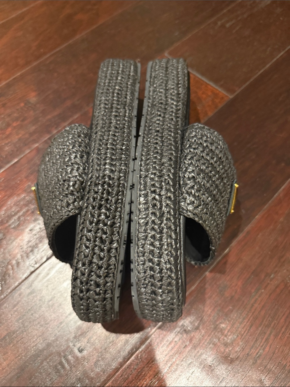 Never Worn Prada Black Woven Slide Sandals with Gold Logo - Picture 4 of 6